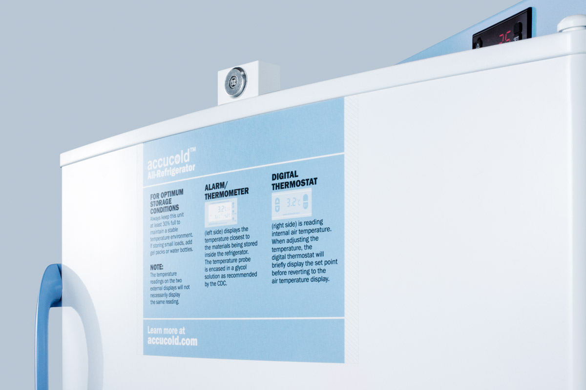 10.1 cu.ft. upright auto defrost medical/scientific all-refrigerator with digital thermostat and NIST calibrated thermometer/alarm; includes front lock, hospital grade cord, and internal fan